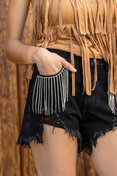 Frayed Rhinestone Denim Shorts