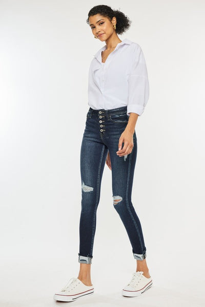 High Rise Button Down Cuffed Ankle Skinny Jeans