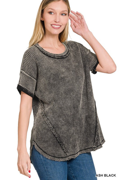 WASHED WAFFLE ROLLED UP SHORT SLEEVE TOP