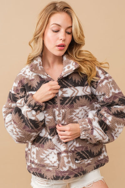 Aztec Teddy Mock Neck Zip Up Pullover