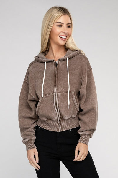 Acid Wash Fleece Cropped Zip-Up Hoodie