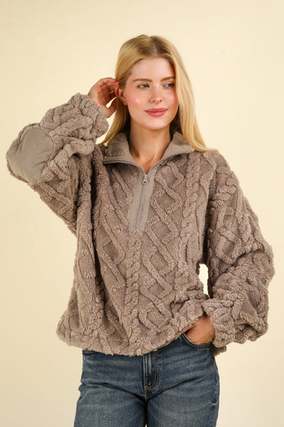 Charcoal Cozy Fuzzy Fleece Half Zip Cable Pattern Sweatshirt