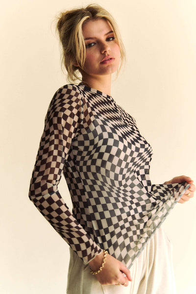 CHECKERED MESH LONG SLEEVE LAYERING TOP