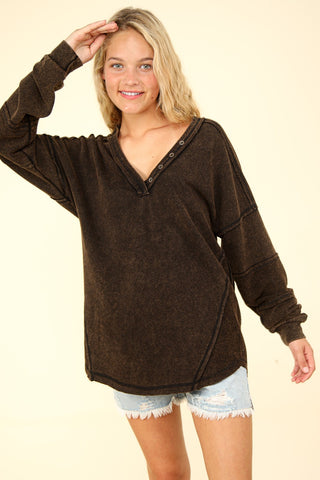 Mineral Washed V-Neck Exposed Seam Knit Top