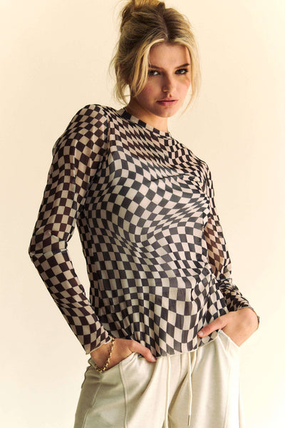 CHECKERED MESH LONG SLEEVE LAYERING TOP