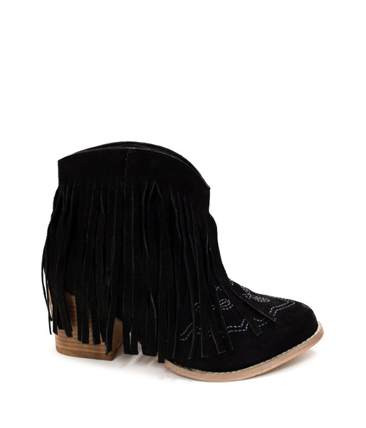 Amos Fringe Ankle Bootie in Black Suede