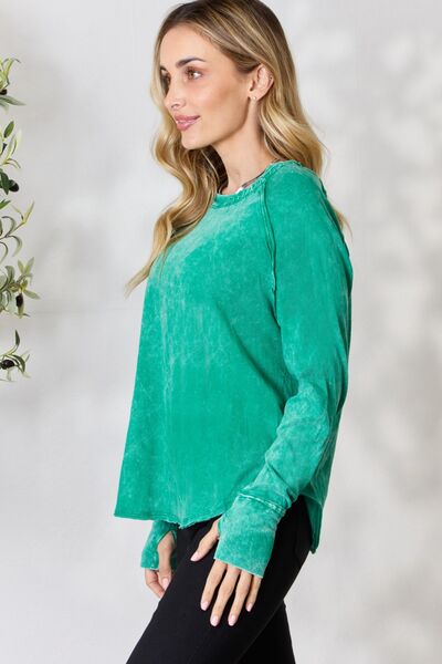 Enjoying the Simple Things Mineral Wash Long Sleeve Top in Kelly Green