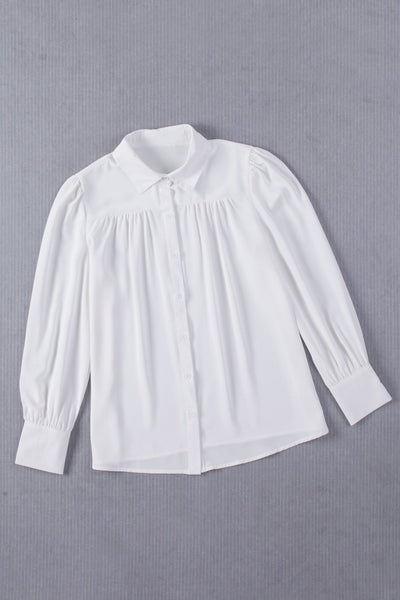 Solid Color Button Up Puff Sleeve Blouse