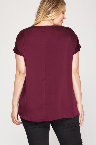 Plum Drop Shoulder Boatneck Satin Top - Ruby Rebellion