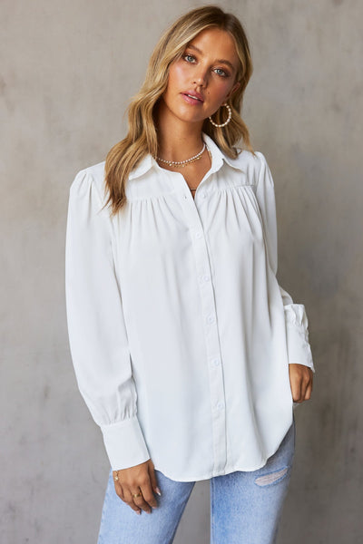 Solid Color Button Up Puff Sleeve Blouse