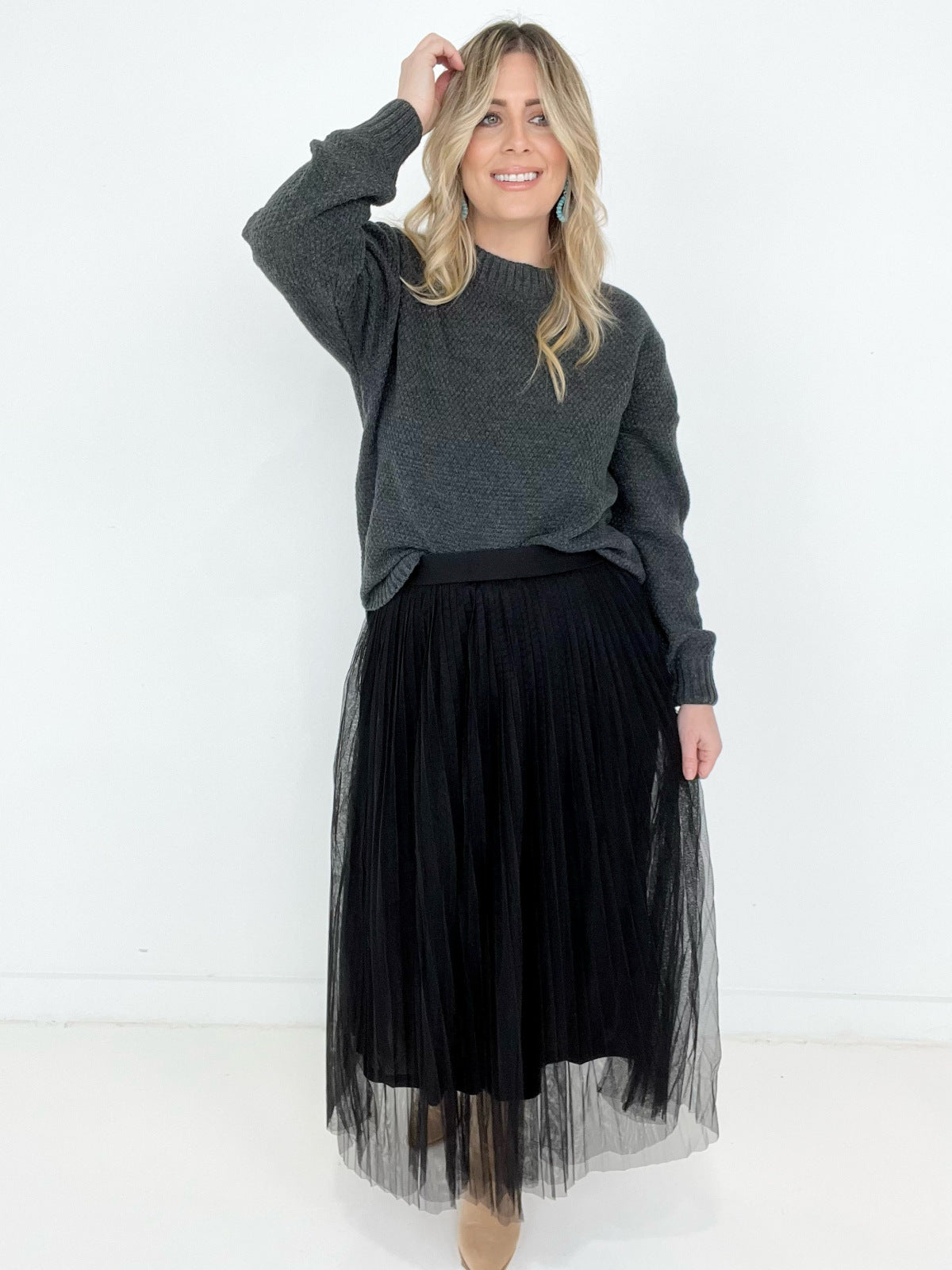 Mesh Pleated Maxi Skirt