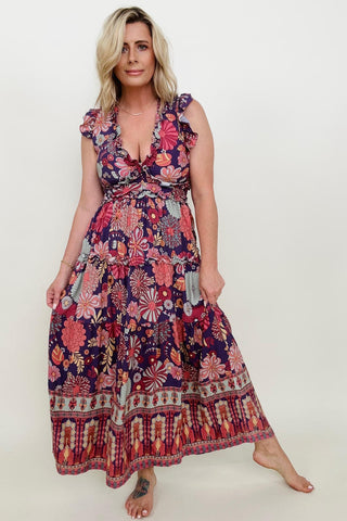 Vintage Ruffle Trim Floral Maxi Dress