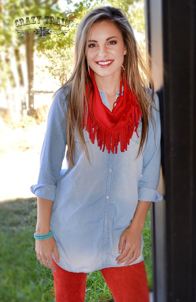 Faux Suede Fringe Infinity Scarf - Ruby Rebellion