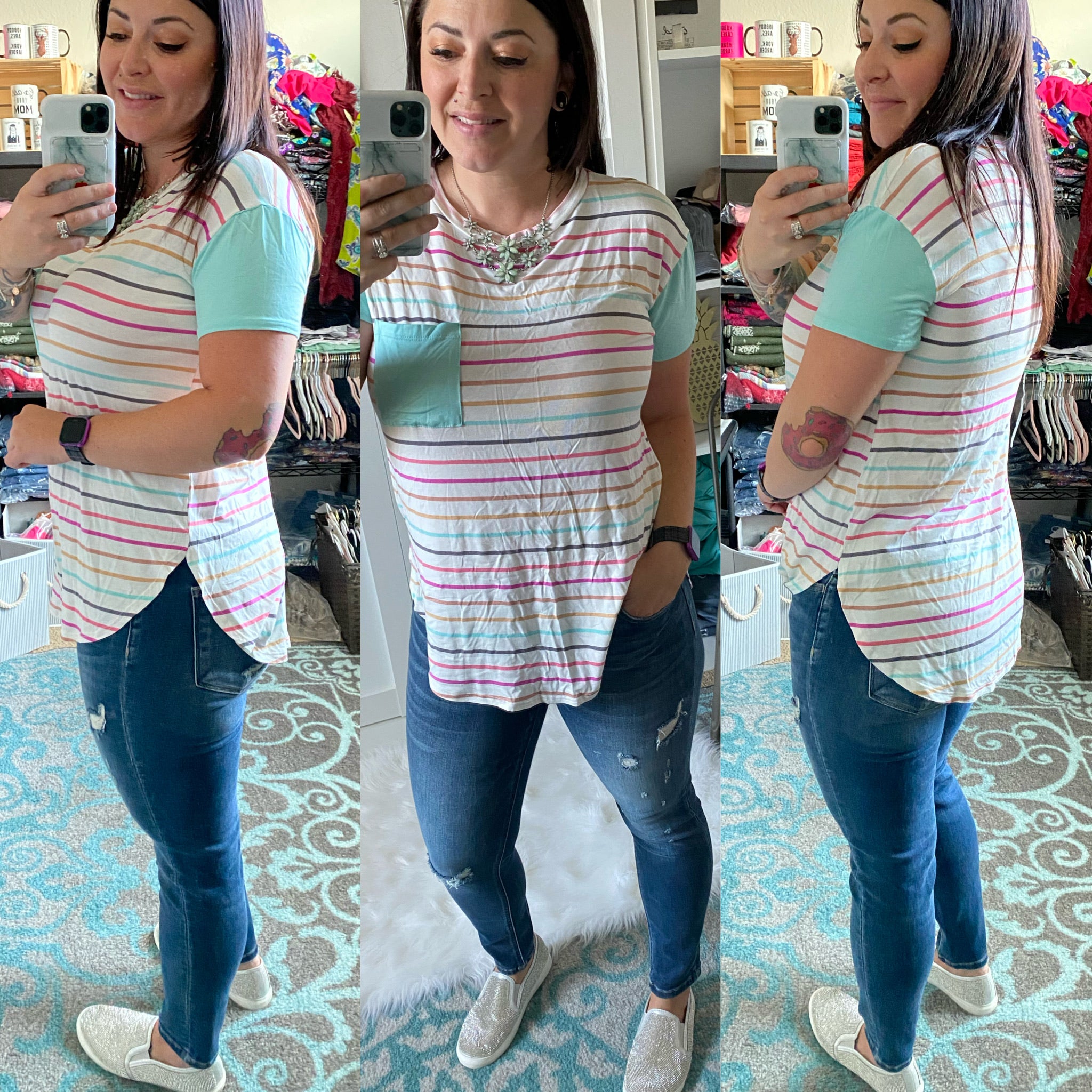 Summer Stripe Mint Pocket Top - Ruby Rebellion