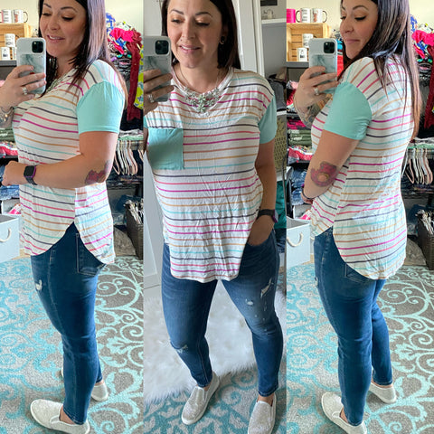 Summer Stripe Mint Pocket Top - Ruby Rebellion